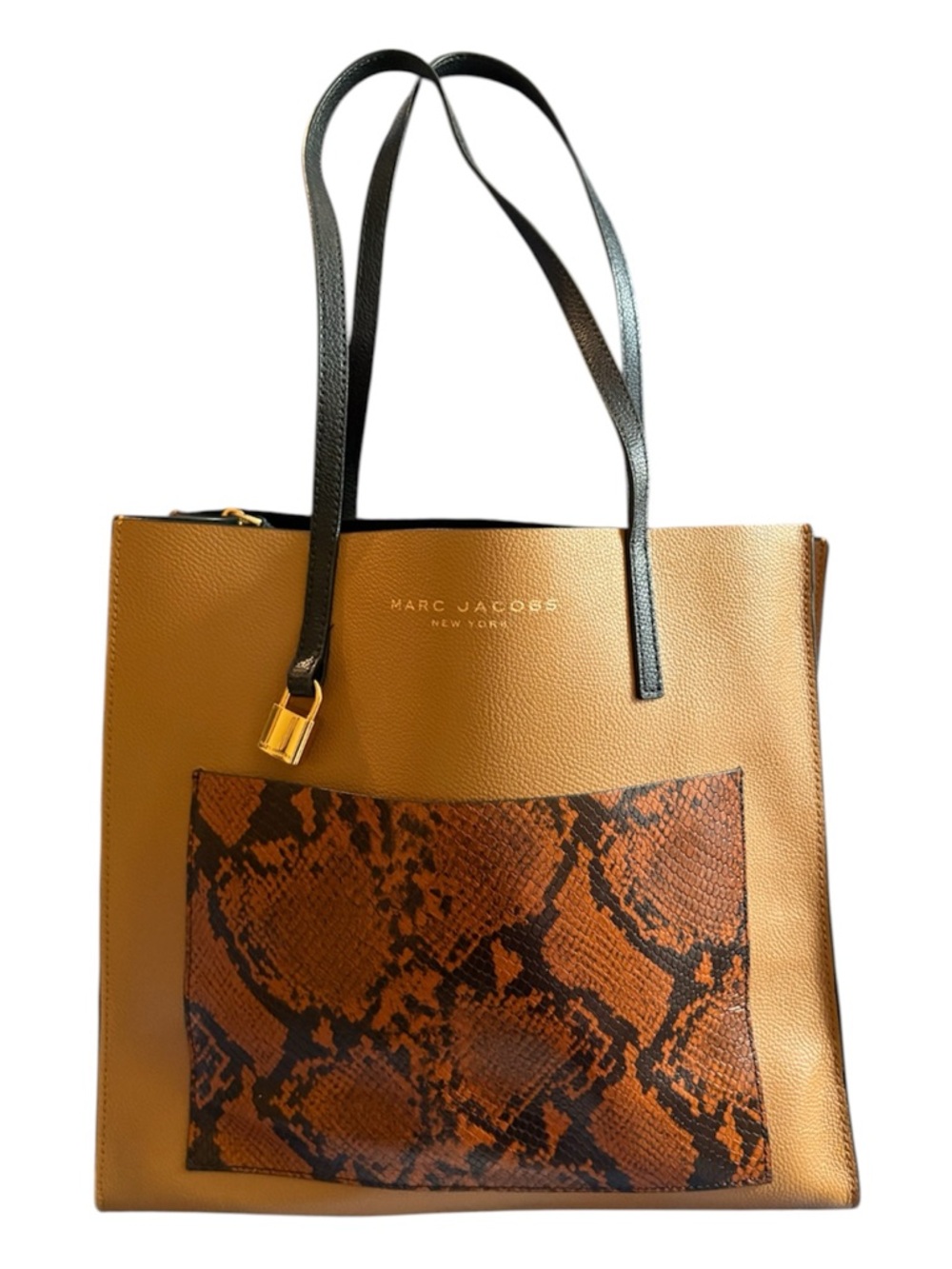 Marc Jacobs Tote with Snake Print Pocket and Black Straps Tan